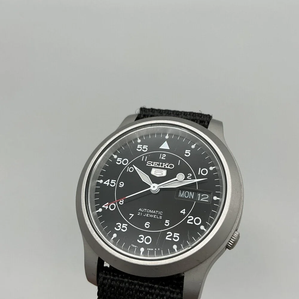 Seiko 5 Automatic Mens Watch 37mm Black Dial Nylon Strap Day Date 7S26-02J0
